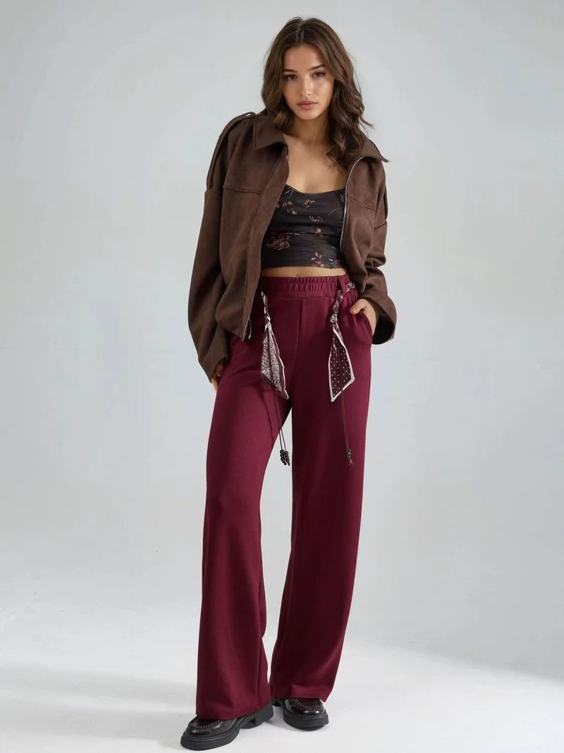 HICCUP Modal Touch Belted High Waist Straight Leg Knit Pants Bersan Collection