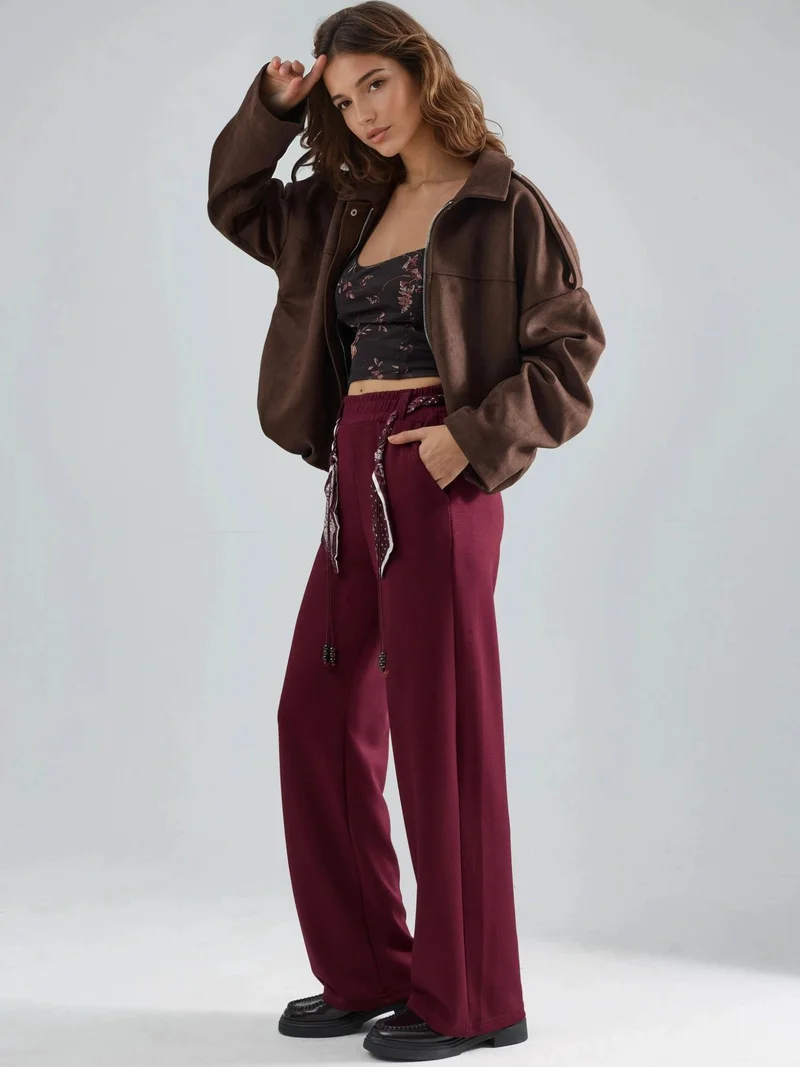 HICCUP Modal Touch Belted High Waist Straight Leg Knit Pants Bersan Collection