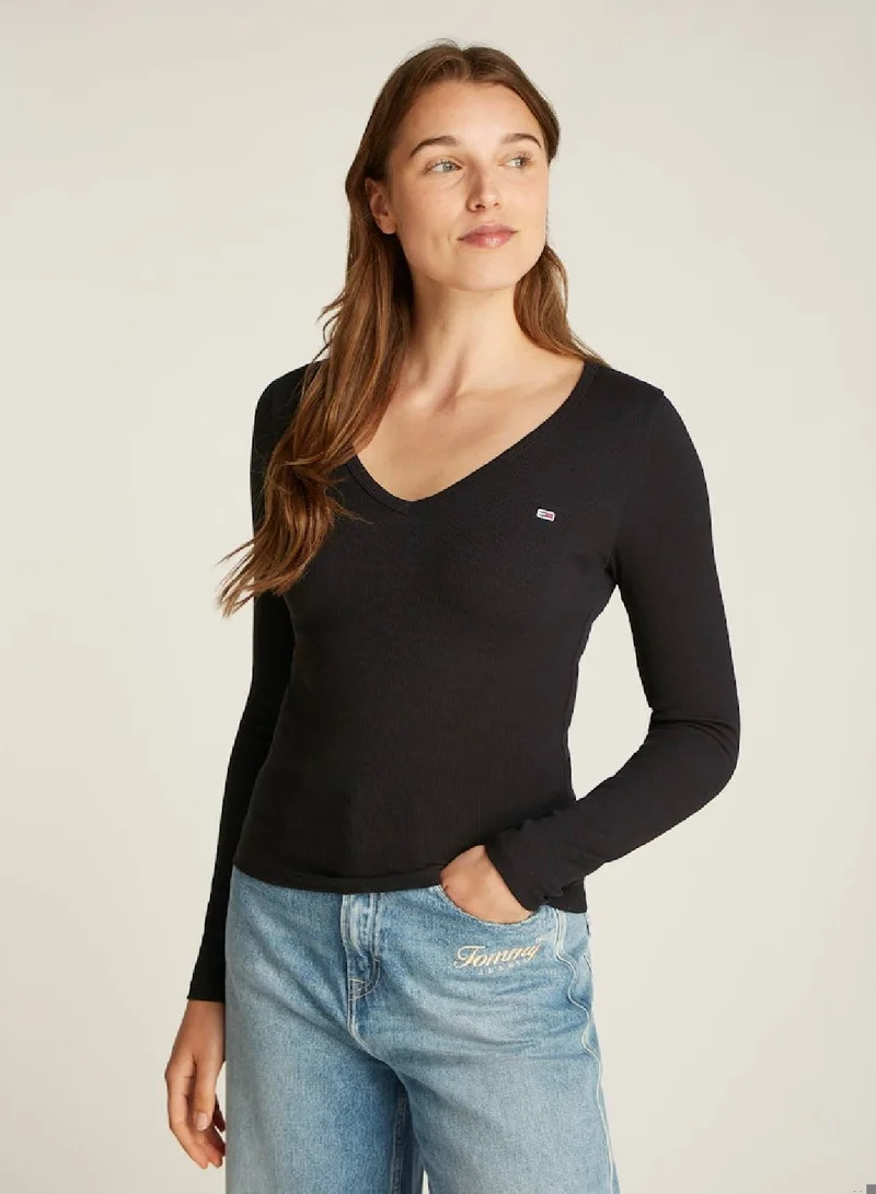 TOMMY JEANS Women's Slim Essential Long Sleeve T-Shirt - Cotton, Black
