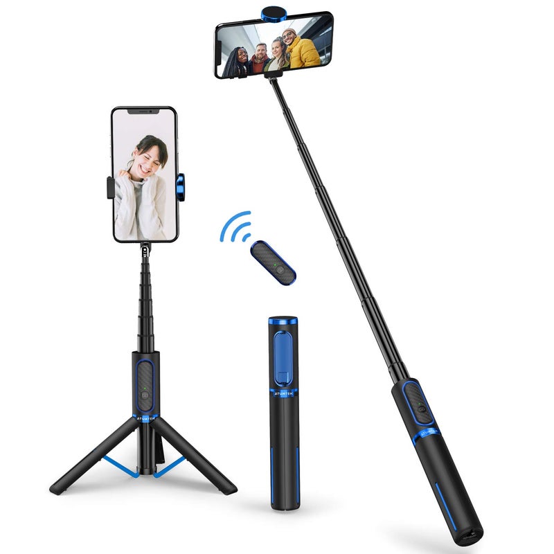 ATUMTEK Selfie Stick Tripod, 3-in-1 Extendable Aluminum Phone Tripod with Detachable Bluetooth Remote, Compatible with iPhone 17/16/15/14/13/12/11/11 Pro/XS Max/XR and Samsung Smartphones, Blue - Image 1