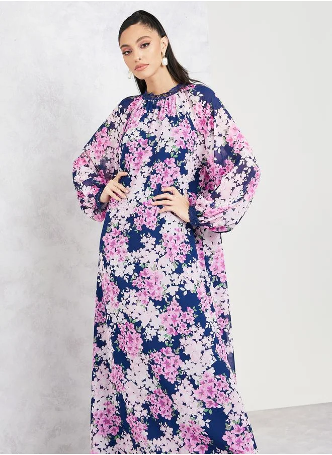 Styli Lace Detail Floral Print Shift Maxi Dress