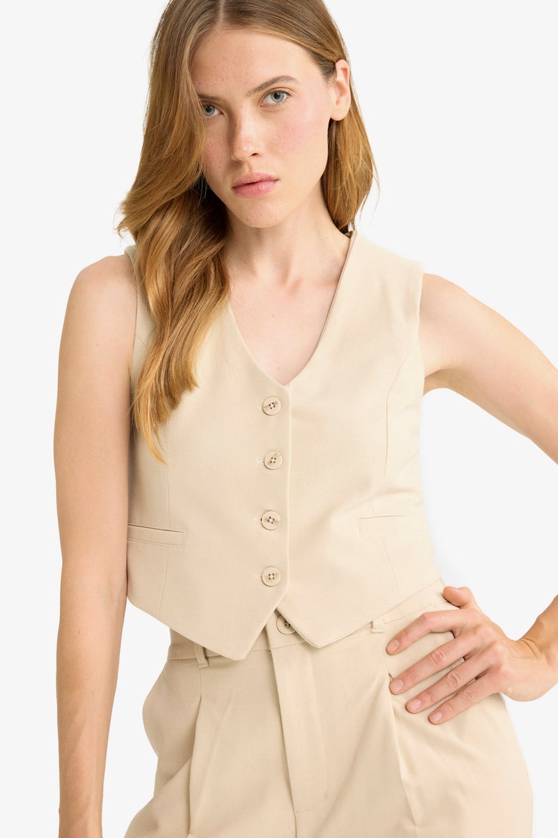 DeFacto Beige Woman V-Neck Classic Blazer Vest Casual - Image 1