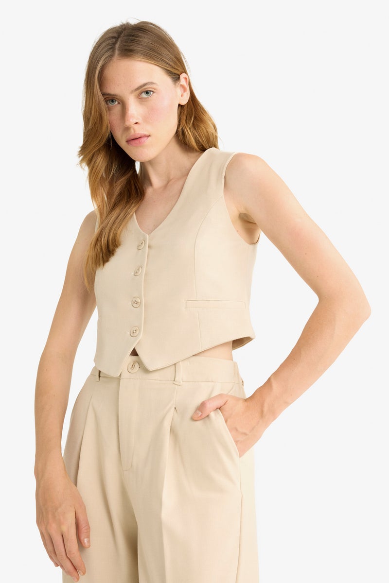 DeFacto Beige Woman V-Neck Classic Blazer Vest Casual - Image 3