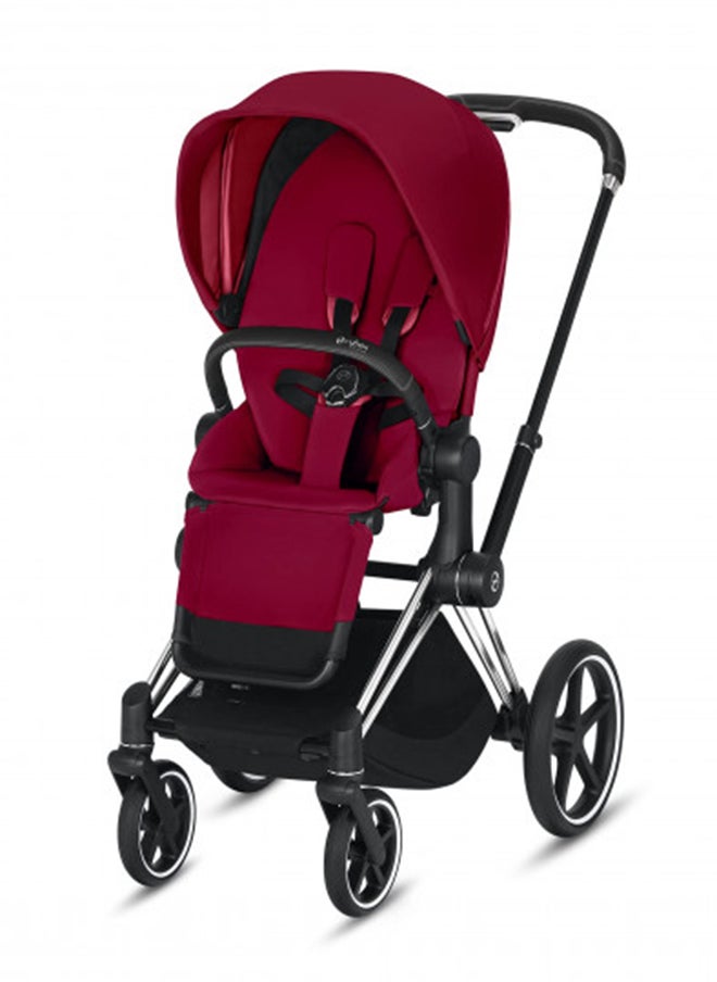 cybex E-Priam Complete Stroller, Smart Assist Technology, Rocking Mode, One-Hand Compact Fold, Reversible Seat, Smooth Ride All-Wheel Suspension, True Red Seat With Chrome/Black Frame 