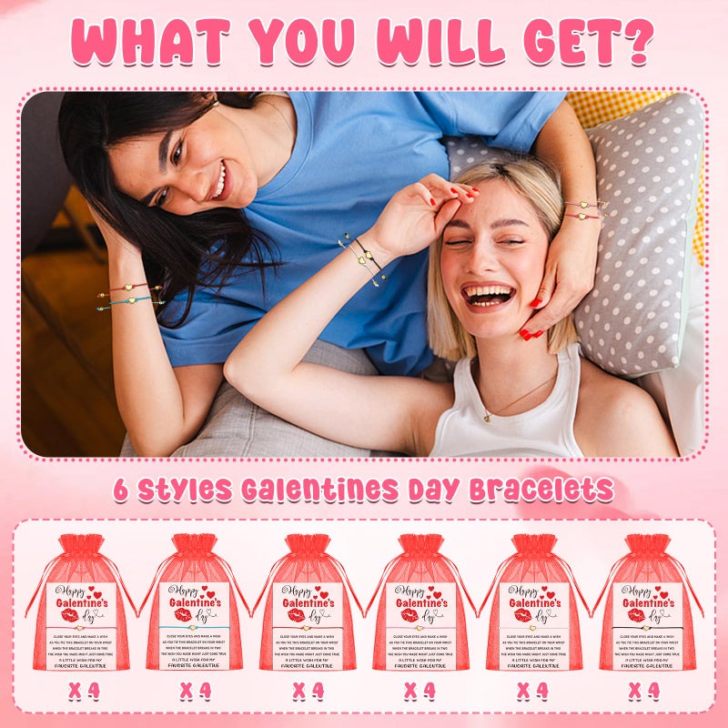 Youdaju 24 Sets Galentine's Day Wish Heart Friendship Bracelets Adjustable Besties Matching Bracelets with Wish Cards & Organza Bags BFF Girl Bracelets Best Friend Valentines Gifts for Women Girls - Image 3