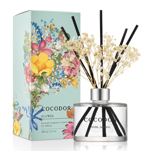 COCODOR Flower Reed Diffuser Set / 6.7oz / White Jasmine/Scent Diffuser with Sticks Home Fragrance Reed Diffuser for Bathroom Shelf Decor - Image 1