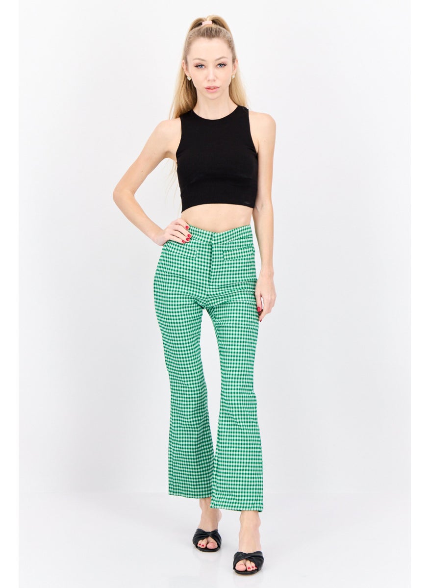 MANGO Women Regular Fit Skinny Leg Checked Bootcut Pants, Green  - Image 4