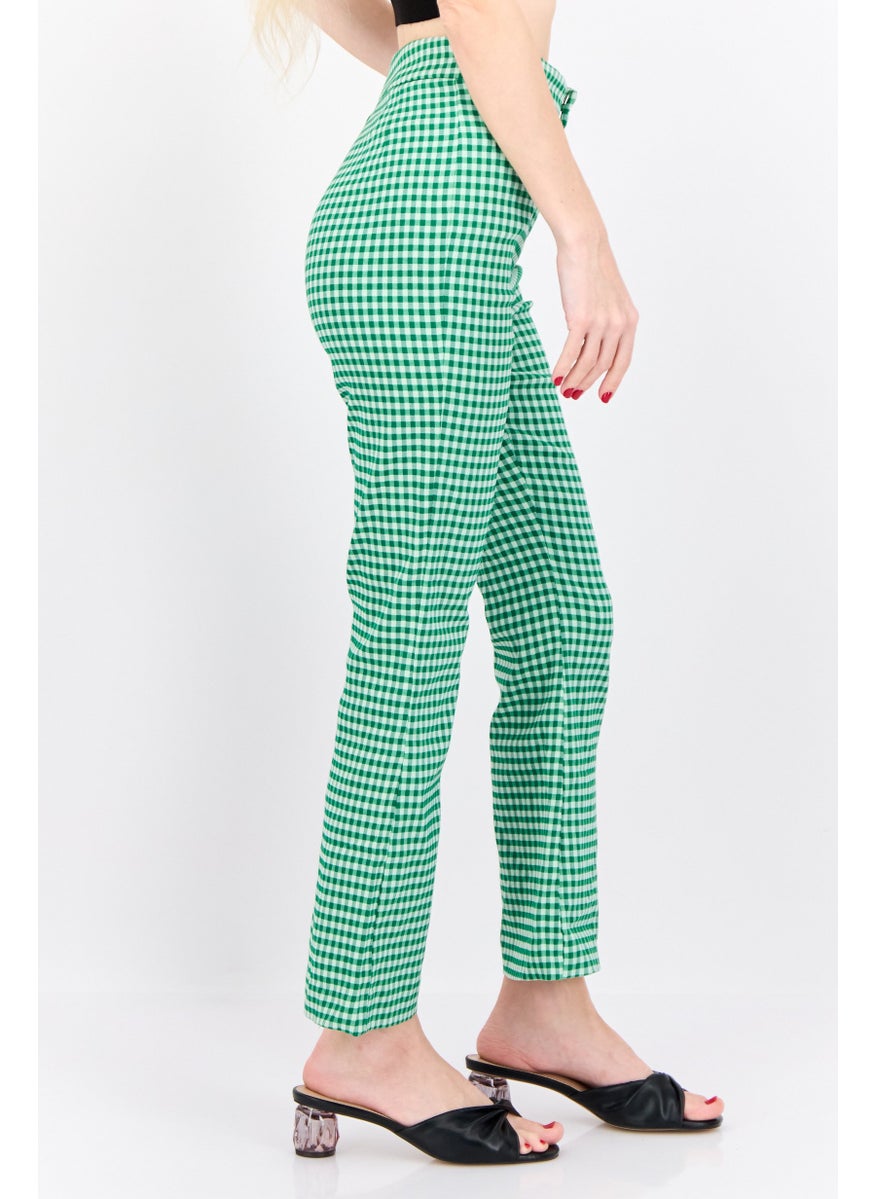 MANGO Women Regular Fit Skinny Leg Checked Bootcut Pants, Green  - Image 2