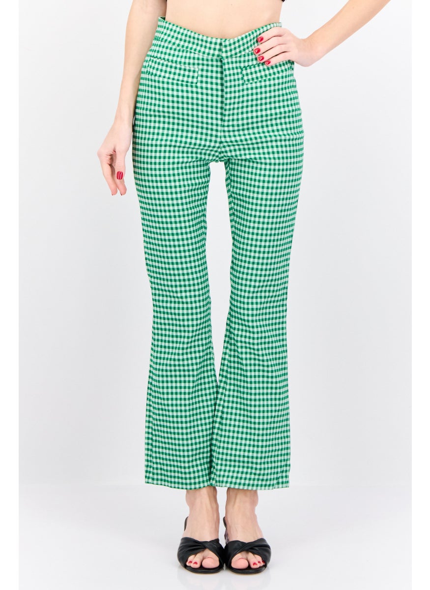 MANGO Women Regular Fit Skinny Leg Checked Bootcut Pants, Green  - Image 1