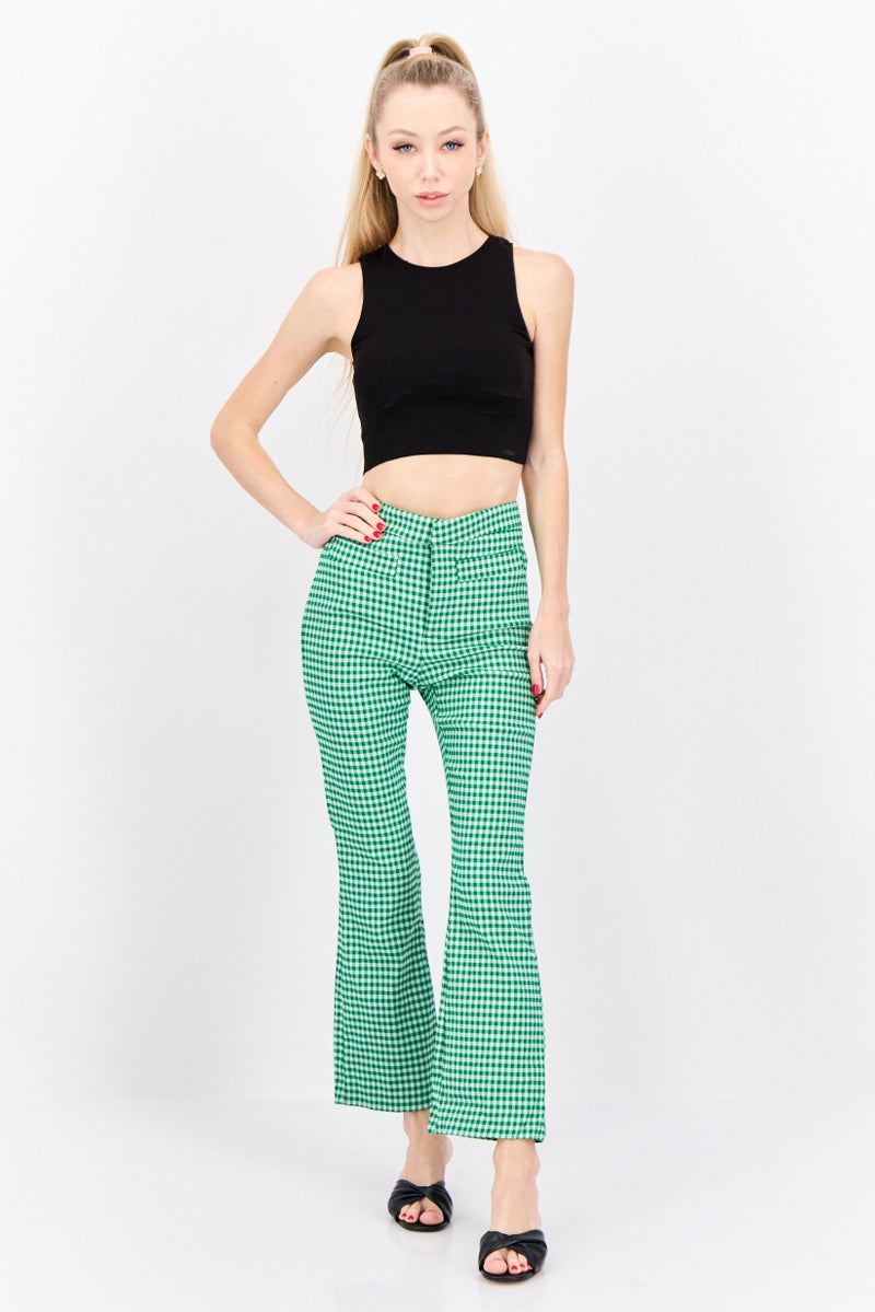 MANGO Women Regular Fit Skinny Leg Checked Bootcut Pants, Green - Image 4
