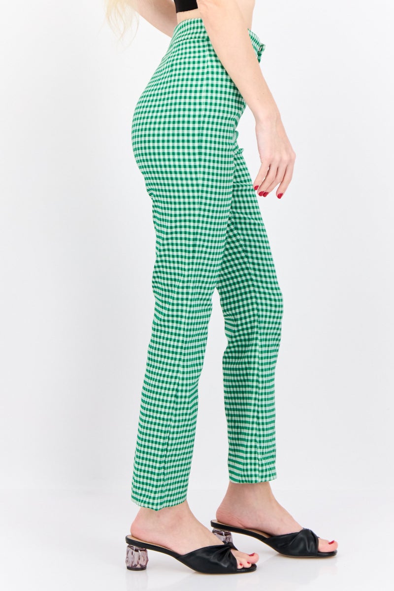 MANGO Women Regular Fit Skinny Leg Checked Bootcut Pants, Green - Image 2