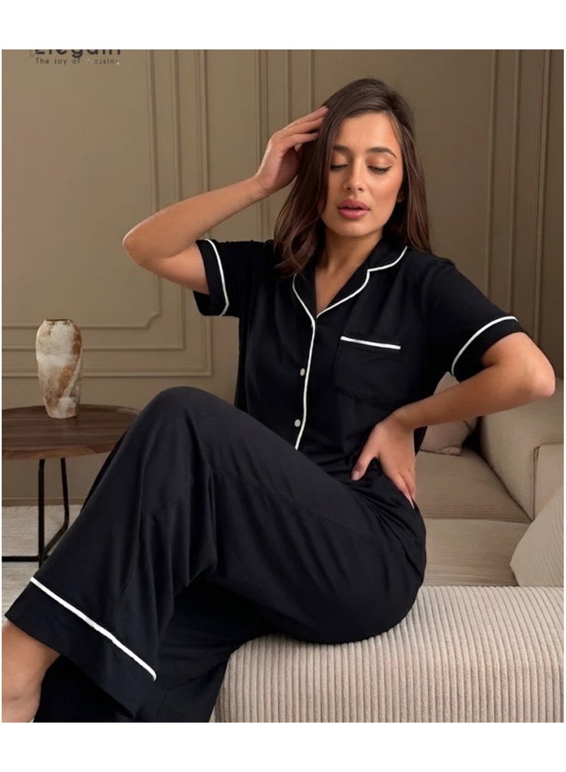 Elegant Classic PJ Pants Cotton Wide Leg - Plain Black - Image 2