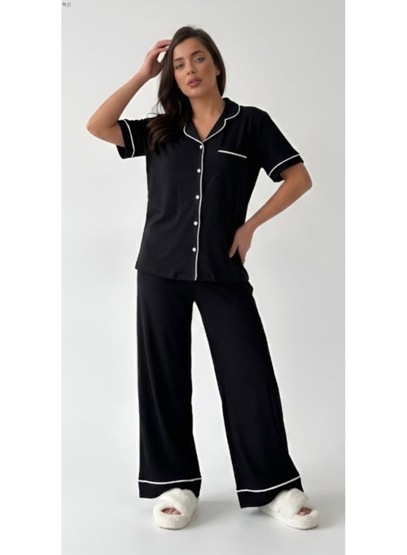 Elegant Classic PJ Pants Cotton Wide Leg - Plain Black - Image 1