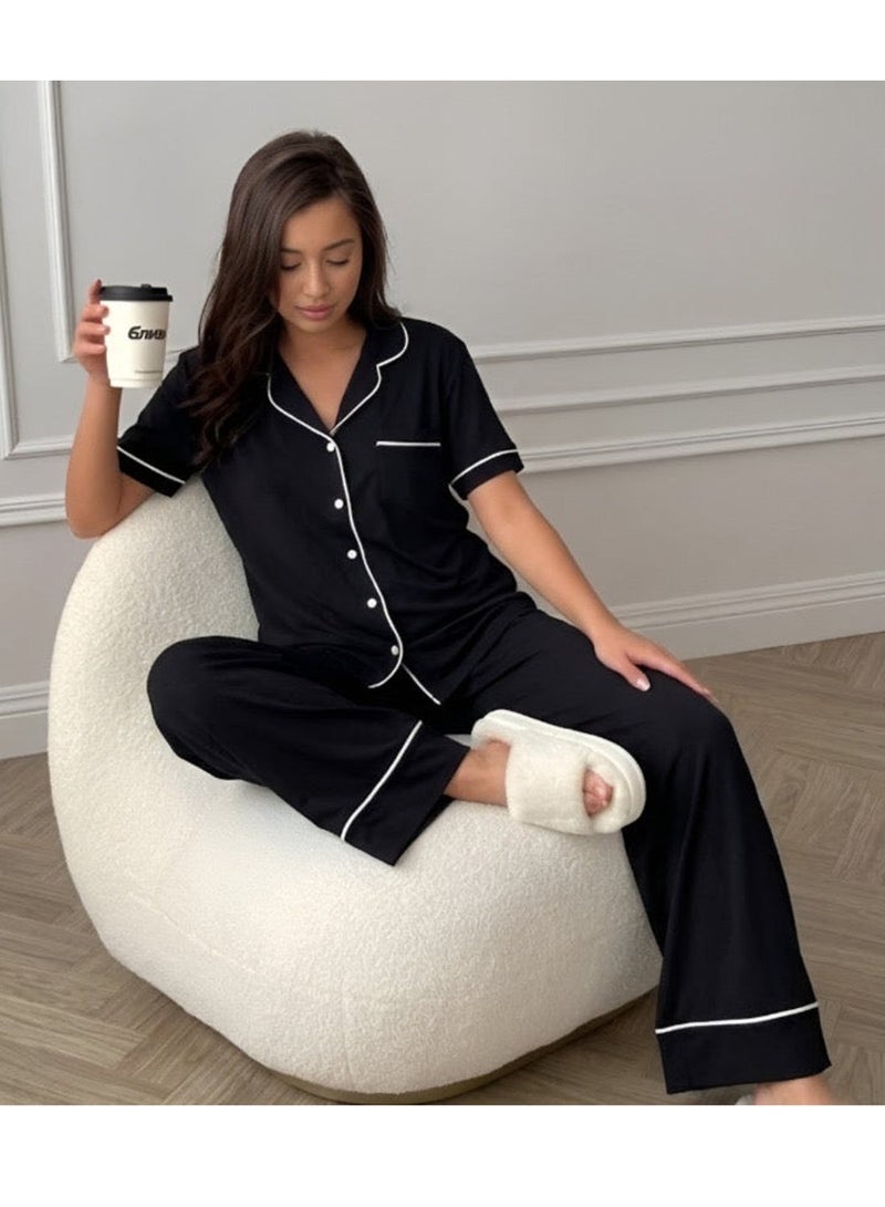 Elegant Classic PJ Pants Cotton Wide Leg - Plain Black - Image 3