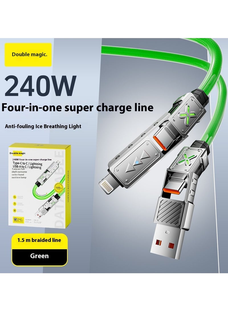 كابل USB C بقدرة 240 واط 4 في 1، كابل شاحن متعدد مع ضوء تنفس، شحن سريع بقوة 5 أمبير ومزامنة بيانات سيليكون متوافق لشحن أجهزة متعددة -1.5 م/ أخضر - Image 1
