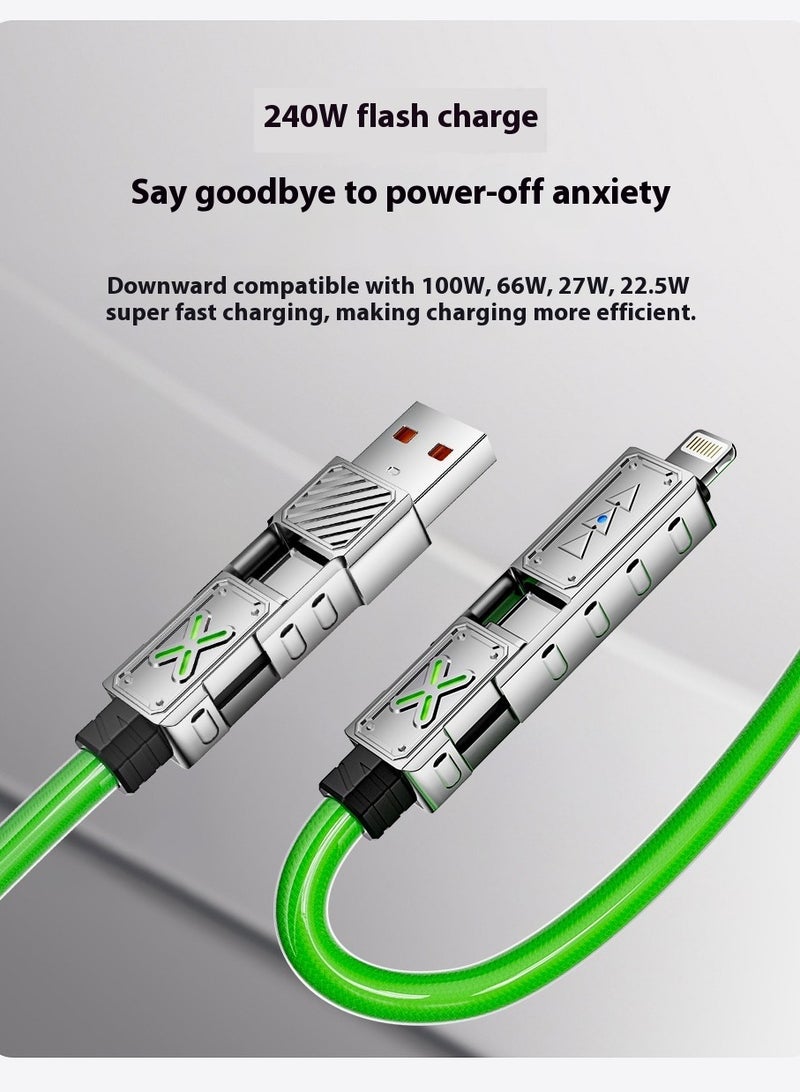 كابل USB C بقدرة 240 واط 4 في 1، كابل شاحن متعدد مع ضوء تنفس، شحن سريع بقوة 5 أمبير ومزامنة بيانات سيليكون متوافق لشحن أجهزة متعددة -1.5 م/ أخضر - Image 2