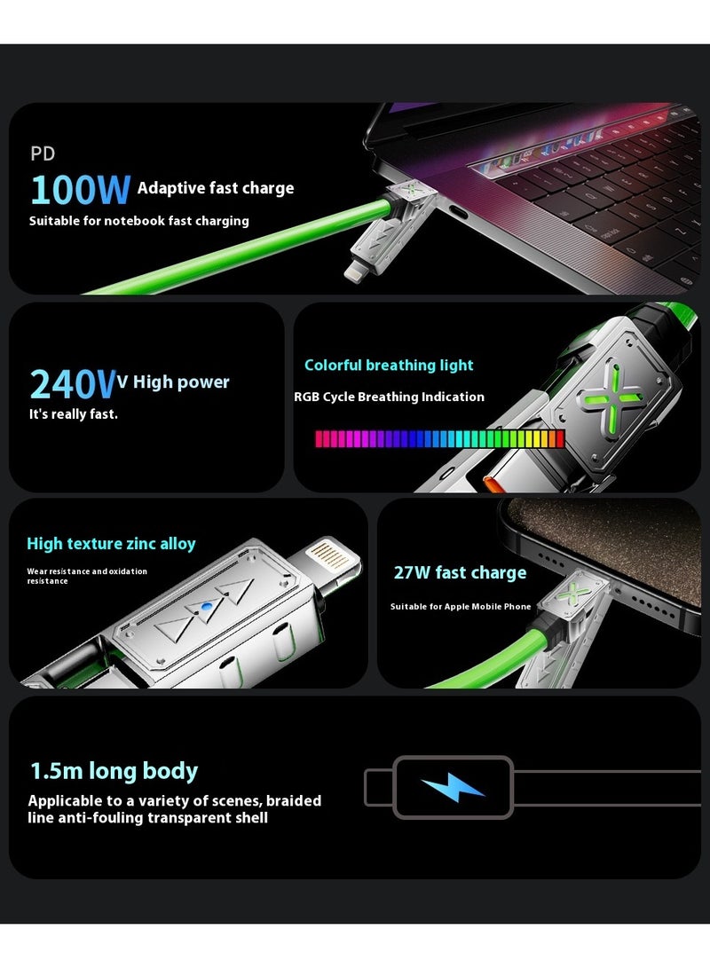 كابل USB C بقدرة 240 واط 4 في 1، كابل شاحن متعدد مع ضوء تنفس، شحن سريع بقوة 5 أمبير ومزامنة بيانات سيليكون متوافق لشحن أجهزة متعددة -1.5 م/ أخضر - Image 3