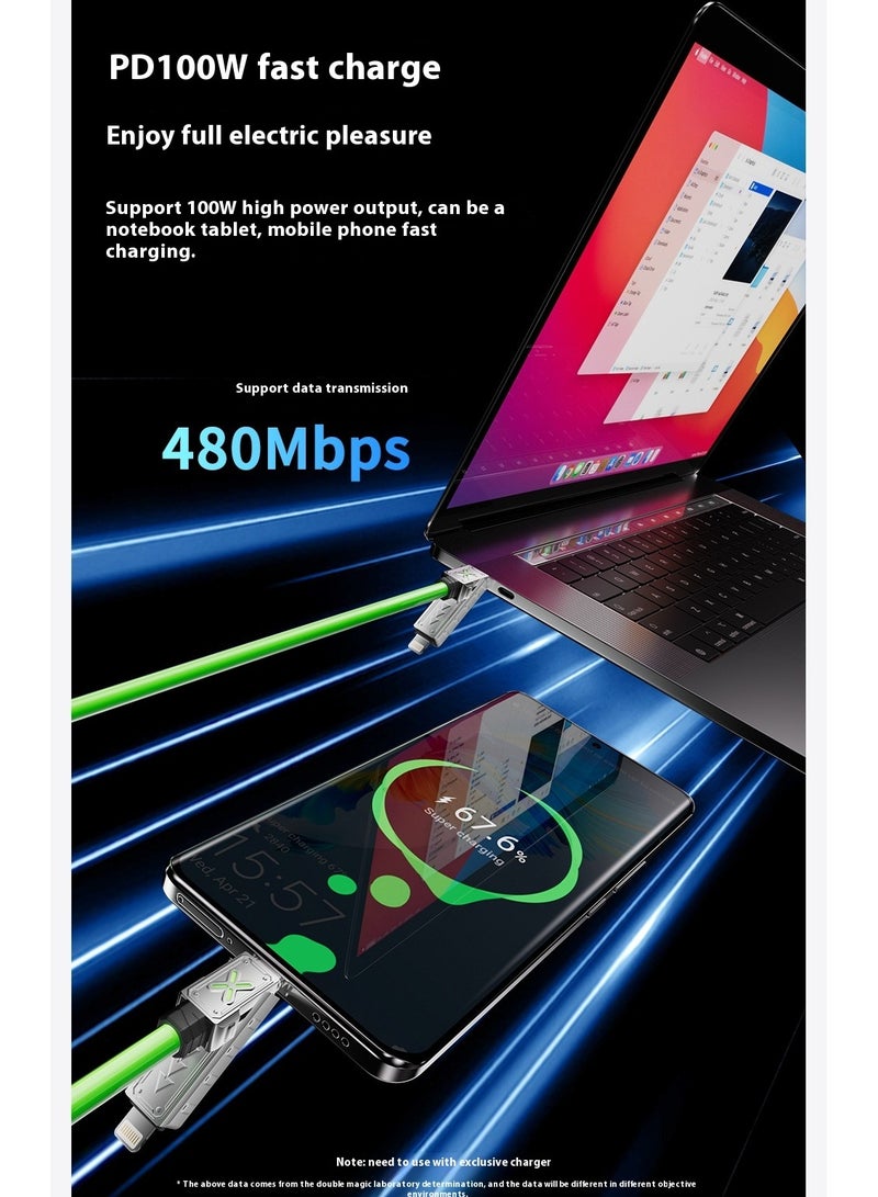 كابل USB C بقدرة 240 واط 4 في 1، كابل شاحن متعدد مع ضوء تنفس، شحن سريع بقوة 5 أمبير ومزامنة بيانات سيليكون متوافق لشحن أجهزة متعددة -1.5 م/ أخضر - Image 4