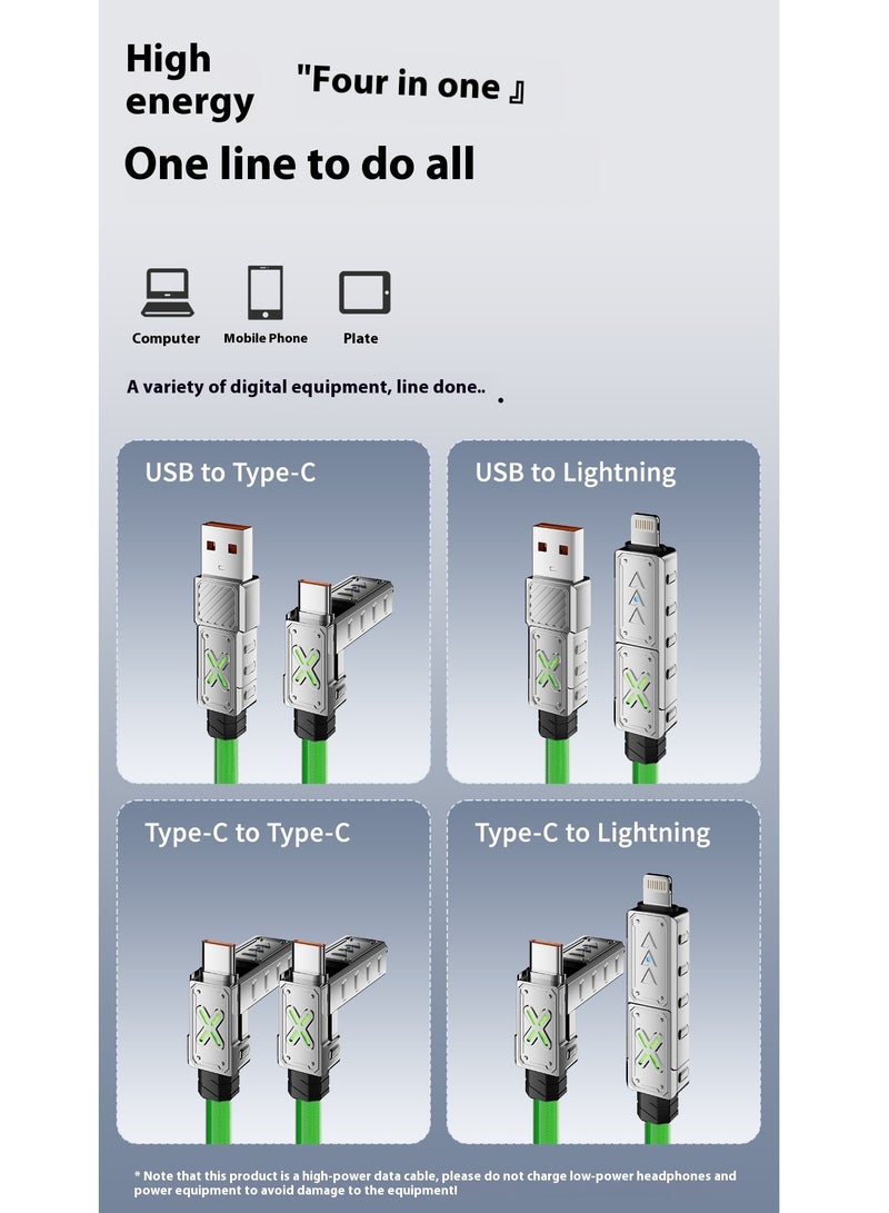 كابل USB C بقدرة 240 واط 4 في 1، كابل شاحن متعدد مع ضوء تنفس، شحن سريع بقوة 5 أمبير ومزامنة بيانات سيليكون متوافق لشحن أجهزة متعددة -1.5 م/ أخضر - Image 5