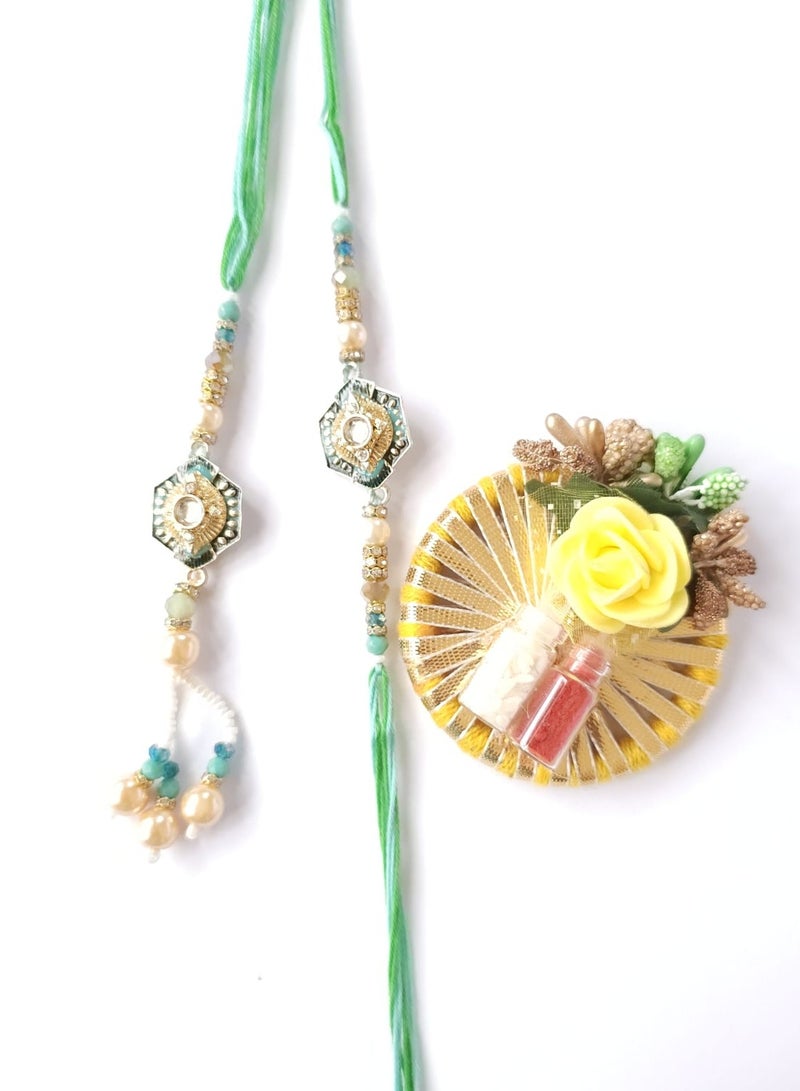 Designer Bhai-Bhabhi Rakhi Set with Roli Chawal | Traditional Raksha Bandhan Gift Combo | Handcrafted Ethnic Rakhi for Brother & Sister-in-Law (Design 5)  - Image 1