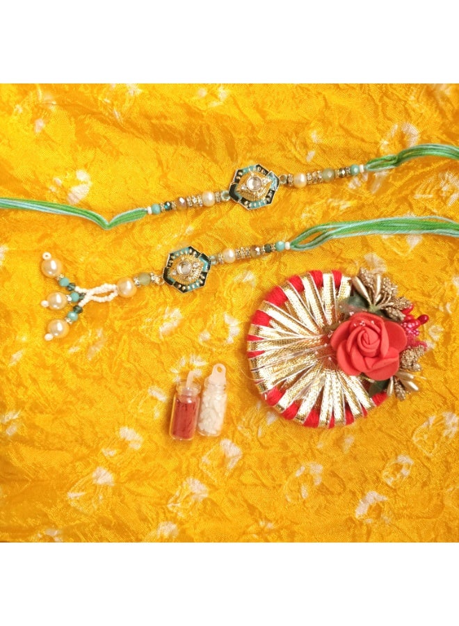 Designer Bhai-Bhabhi Rakhi Set with Roli Chawal | Traditional Raksha Bandhan Gift Combo | Handcrafted Ethnic Rakhi for Brother & Sister-in-Law (Design 5)  - Image 3