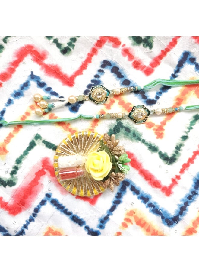 Designer Bhai-Bhabhi Rakhi Set with Roli Chawal | Traditional Raksha Bandhan Gift Combo | Handcrafted Ethnic Rakhi for Brother & Sister-in-Law (Design 5)  - Image 2