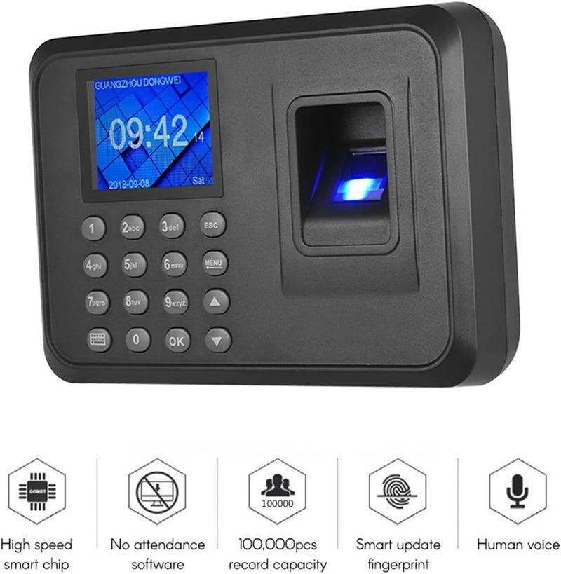 جهاز تسجيل الحضور متعدد اللغات ببصمة الإصبع وكلمة المرور، شاشة LCD مقاس 2.4 بوصة، جهاز تسجيل حضور الموظفين مع إمكانية تصدير البيانات - Image 2