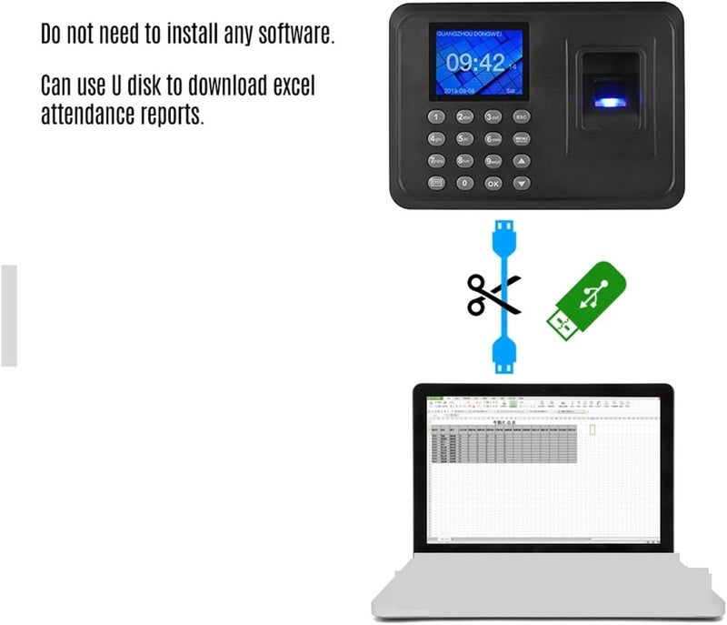 جهاز تسجيل الحضور متعدد اللغات ببصمة الإصبع وكلمة المرور، شاشة LCD مقاس 2.4 بوصة، جهاز تسجيل حضور الموظفين مع إمكانية تصدير البيانات - Image 5
