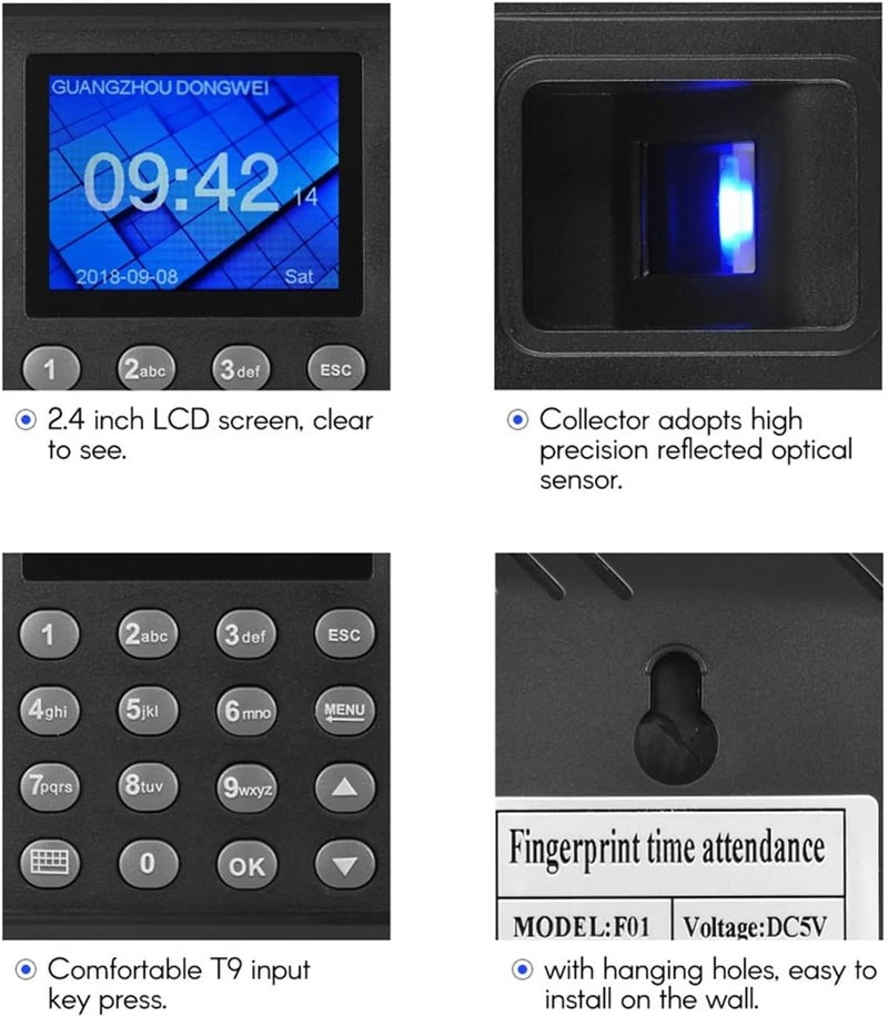 جهاز تسجيل الحضور متعدد اللغات ببصمة الإصبع وكلمة المرور، شاشة LCD مقاس 2.4 بوصة، جهاز تسجيل حضور الموظفين مع إمكانية تصدير البيانات - Image 4