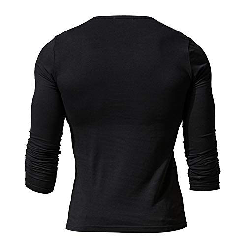 palglg Mens Long Sleeve Muscle Slim Fitted Cotton Henley T-Shirt with Buttons Black S - Image 2