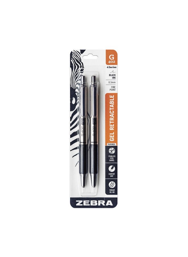 زيبرا بن قلم جل قابل للسحب من Zebra Pen G-402، أسطوانة من الفولاذ المقاوم للصدأ، رأس رفيع، 0.5 مم، حبر أسود، عبوة من قطعتين - Image 1