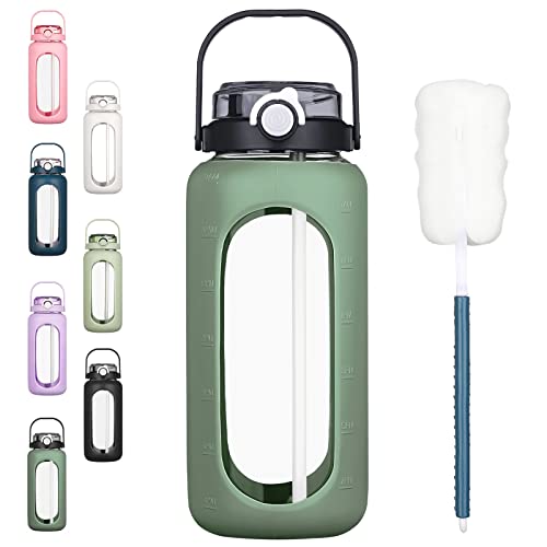 BLUEGO 64oz Glass Water Bottles with Straw Time Marker Half Gallon Large Motivational Water Bottle with Silicone Sleeve 2 Liter Large Glass Water Jug for Gym Sports Workout Daily Olive