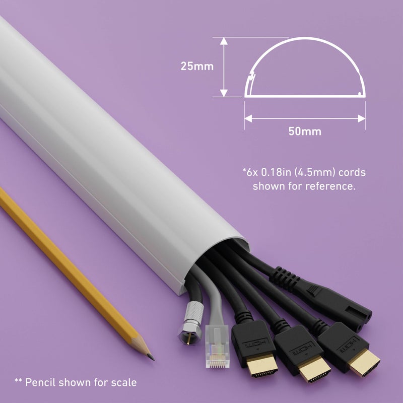 D-Line غطاء كابل نصف دائري من D-Line، غطاء كابل مسجل براءة اختراع، إخفاء أسلاك تركيب التلفاز على الحائط، قناة للكابلات، أغطية أسلاك زخرفية، قابلة للدهان، موصل كابل لاصق، 1x 2 بوصة عرض x 1 بوصة ارتفاع x 39 بوصة طول، أبيض - Image 3