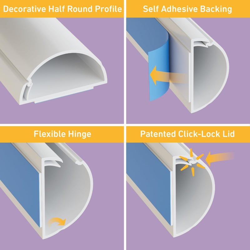 D-Line غطاء كابل نصف دائري من D-Line، غطاء كابل مسجل براءة اختراع، إخفاء أسلاك تركيب التلفاز على الحائط، قناة للكابلات، أغطية أسلاك زخرفية، قابلة للدهان، موصل كابل لاصق، 1x 2 بوصة عرض x 1 بوصة ارتفاع x 39 بوصة طول، أبيض - Image 2