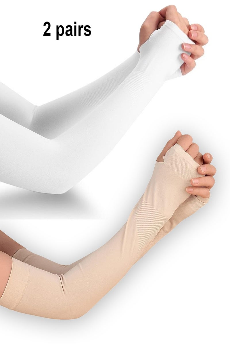 إيه جي دي 2 أزواج من أكمام الأذرع شفافة للنساء، قابلة للفصل، بأكمام طويلة، واقية من آشعة الشمس فوق البنفسجية/ بيج وأبيض - Image 1