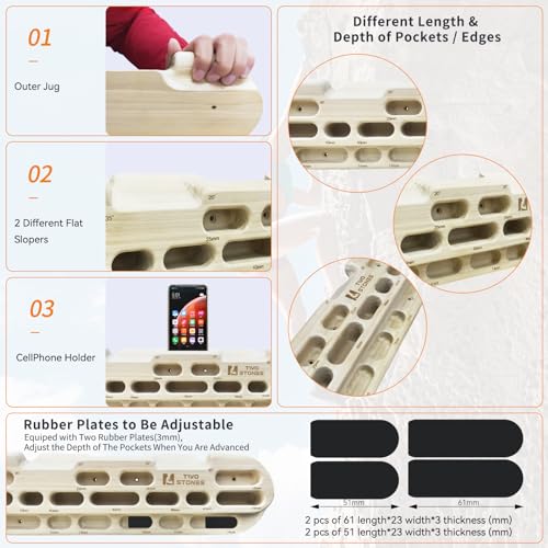 TWO STONES Rock Climbing Hangboard Rock Climbing Pull Up Bar with Phone Holder - Image 3