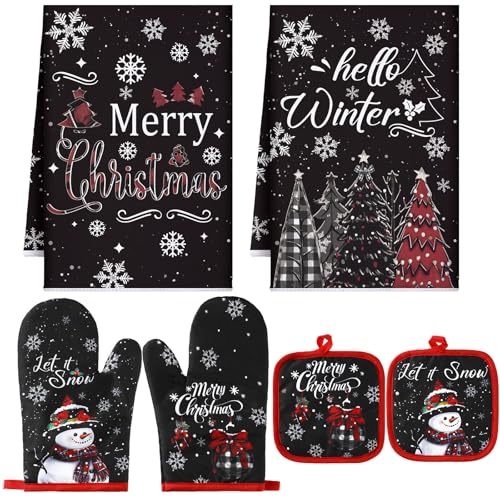 Jingmore 6 Pcs Kitchen Decor Accessory Farmhouse Kitchen Towels Pot Holders Oven Mitts Set 2 Dish Towels 2 Pot Holders 2 Cooking Mittens Oven Glove for CookingChristmas Snowflakes StyleBlack - Image 1