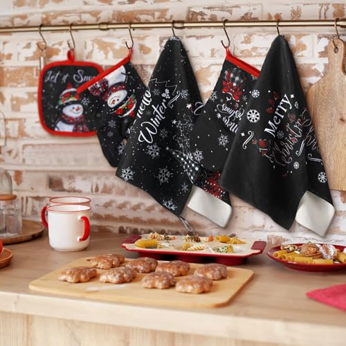 Jingmore 6 Pcs Kitchen Decor Accessory Farmhouse Kitchen Towels Pot Holders Oven Mitts Set 2 Dish Towels 2 Pot Holders 2 Cooking Mittens Oven Glove for CookingChristmas Snowflakes StyleBlack - Image 3