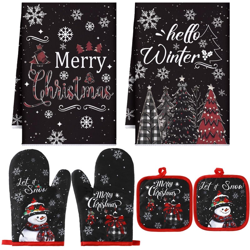 Jingmore 6 Pcs Kitchen Decor Accessory Farmhouse Kitchen Towels Pot Holders Oven Mitts Set 2 Dish Towels 2 Pot Holders 2 Cooking Mittens Oven Glove for CookingChristmas Snowflakes StyleBlack - Image 2