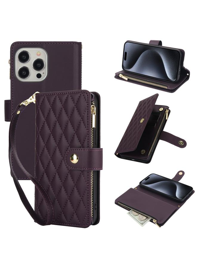 اس-توب جراب هاتف iPhone 15 Pro Max YM016 محفظة بطاقات جلدية بسحاب معيني مع حبل - Image 1