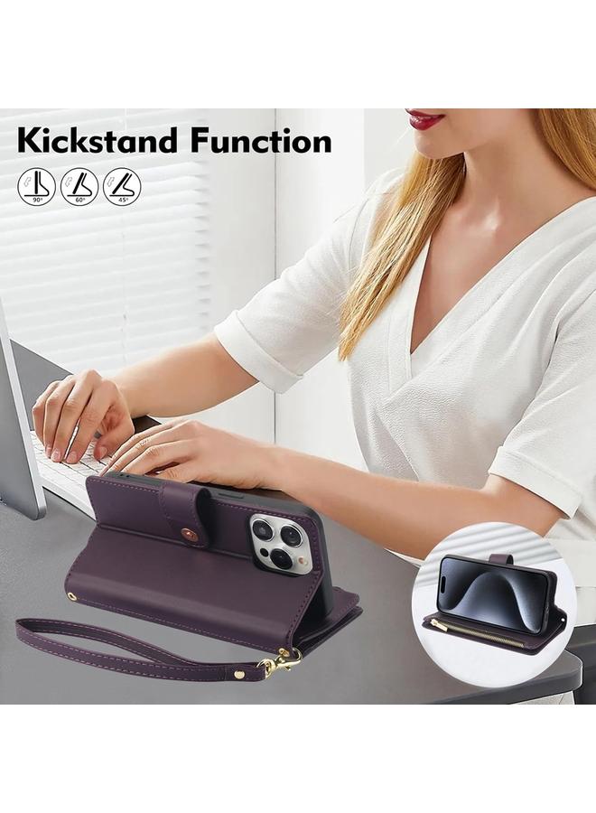 اس-توب جراب هاتف iPhone 15 Pro Max YM016 محفظة بطاقات جلدية بسحاب معيني مع حبل - Image 3