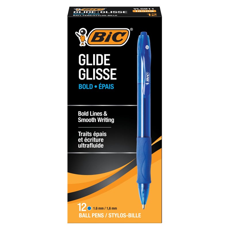 BIC Glide Bold Blue Ballpoint Pens, Bold Point (1.6mm), 12-Count Pack, Retractable Ballpoint Pens With Comfortable Full Grip - Image 1