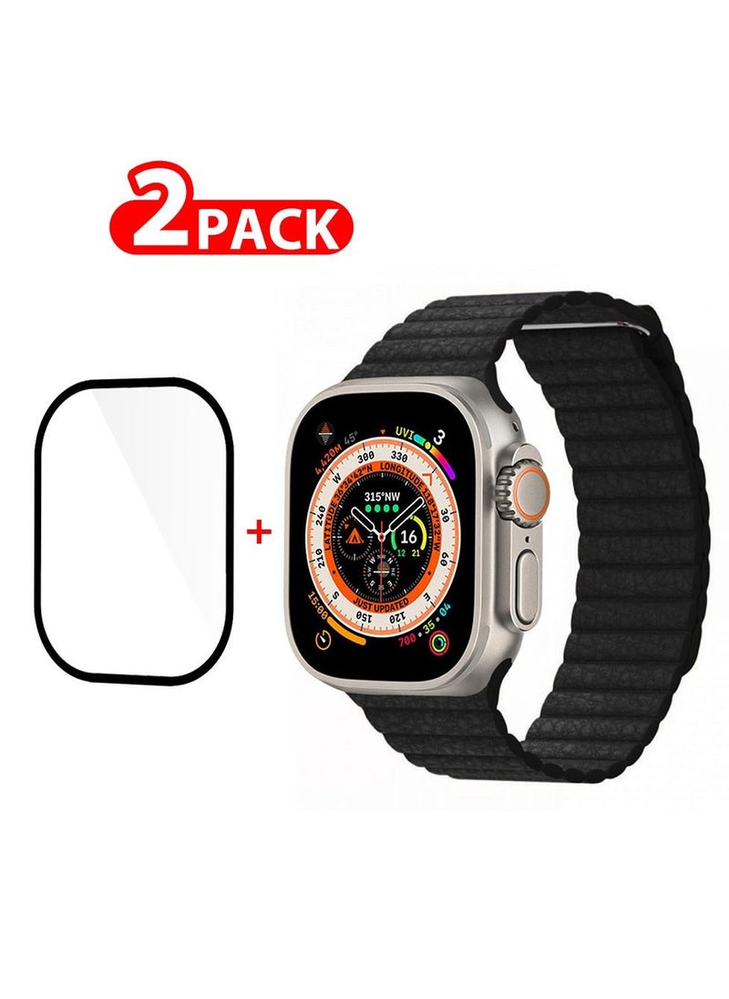 CATANES 2 Packs For Apple Watch Band 49mm Leather Loop Band Magnetic Watch Strap Wristband and 3D Screen Protector Black  - Image 1