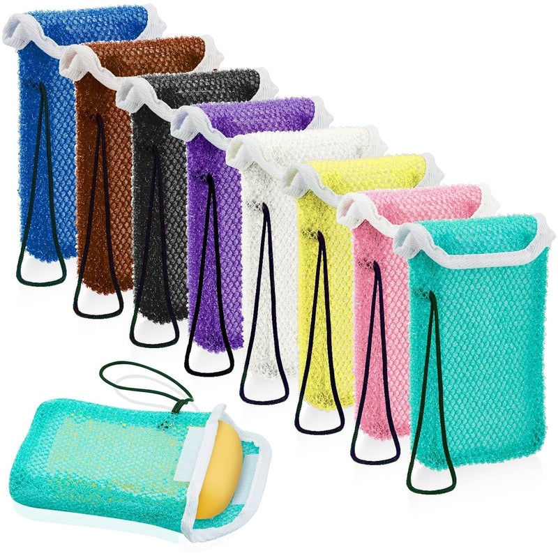 Tessco 8 Pcs Soap Saver Pouch Body Scrubber Exfoliator and Soap Holder Loofah Soap Savers for Bar Soap Wash Soap Cover Soap Bag with Rope Exfoliating Sponge for Bath Shower Travel Face Hand Women 8 Colors 