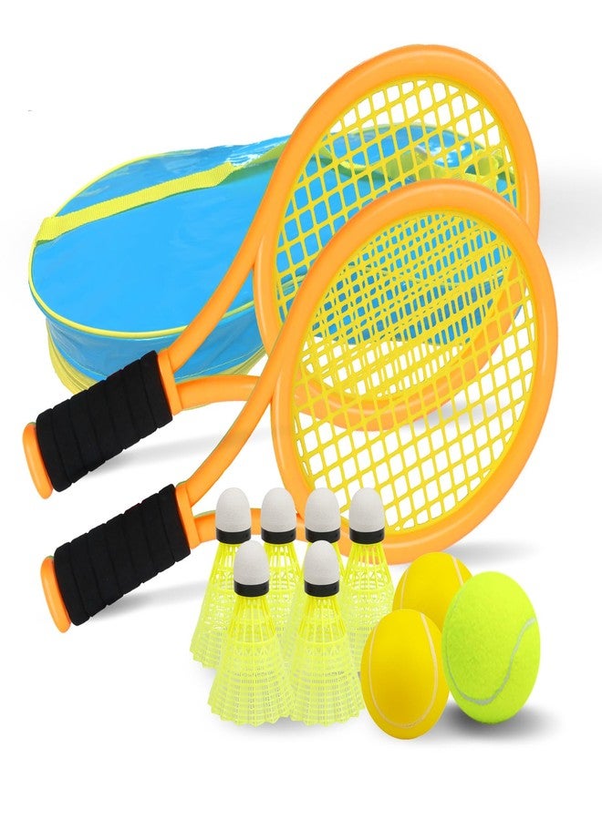 Crefotu Kid Tennis Racket Set for Toddler,Children,Sponge Handle, Includes 6 Badminton, 1 Tennis Ball, Bag and 2 Balls - Increase Children's Sports,Improve Tennis Skills (Orange&Green) - Image 1