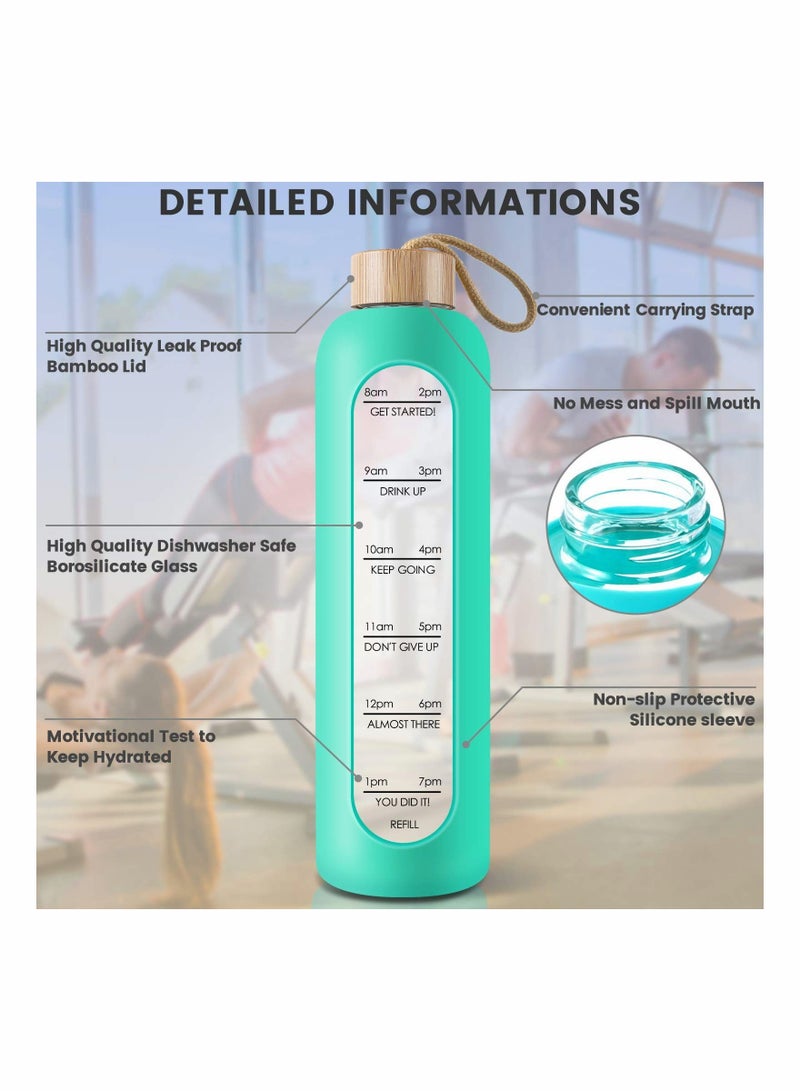 SYOSI Glass Water Bottle with Time Marker Reminder Quotes, Leak Proof Reusable BPA Free Motivational Water Bottles with Silicone Sleeve and Bamboo Lid 32 Oz - Image 3