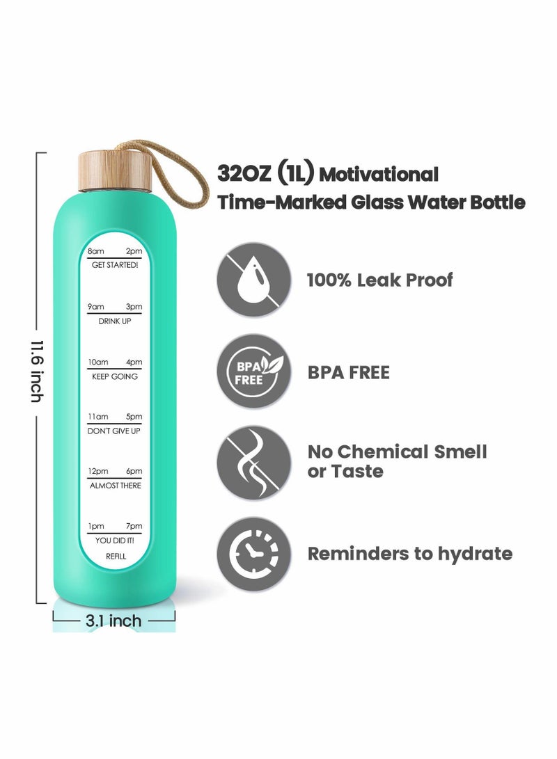 SYOSI Glass Water Bottle with Time Marker Reminder Quotes, Leak Proof Reusable BPA Free Motivational Water Bottles with Silicone Sleeve and Bamboo Lid 32 Oz - Image 2
