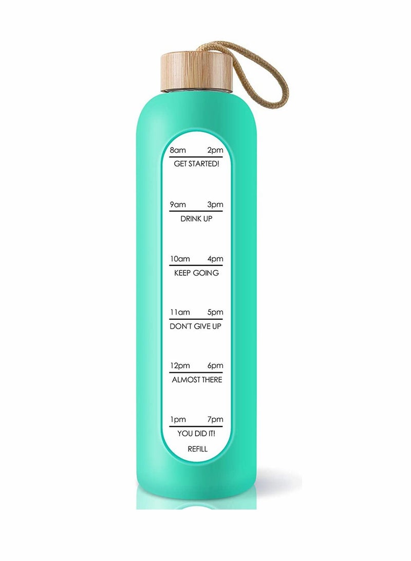 SYOSI Glass Water Bottle with Time Marker Reminder Quotes, Leak Proof Reusable BPA Free Motivational Water Bottles with Silicone Sleeve and Bamboo Lid 32 Oz - Image 1