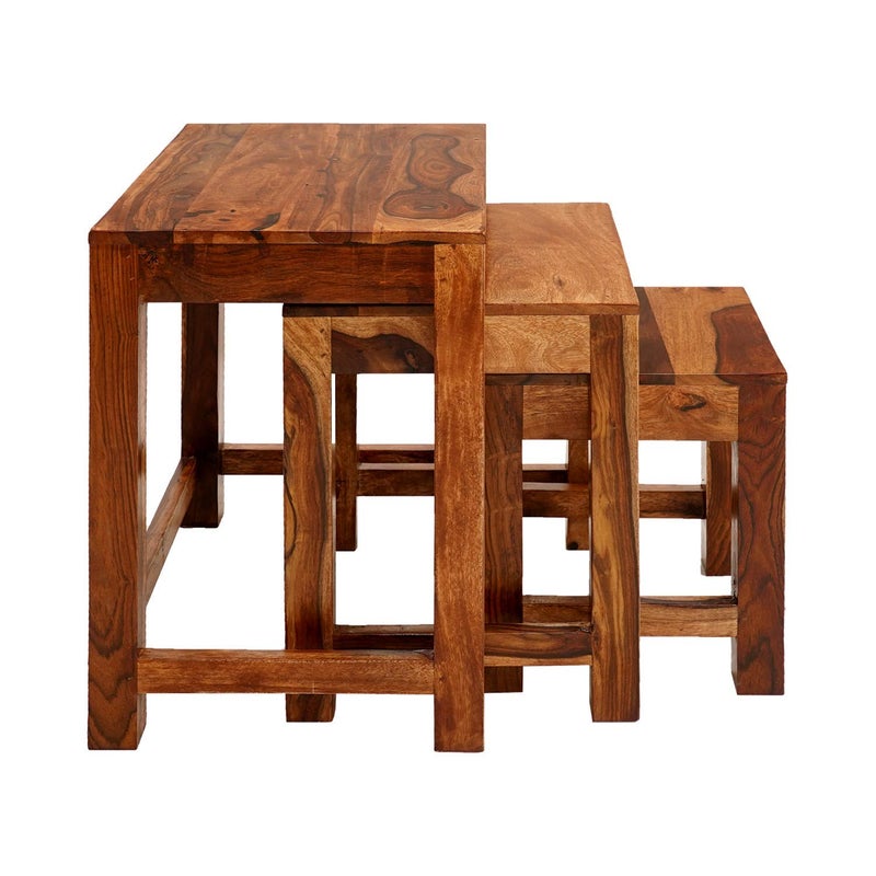 ANUBHAV HANDICRAFTS ANUBHAV HANDICRAFTS Sheesham Wood Nesting Table Set of 3 Stools Nested Sofa Side Table Living Room Hall Wooden Nightstand Lamp Table Natural Brown Finish  - Image 4