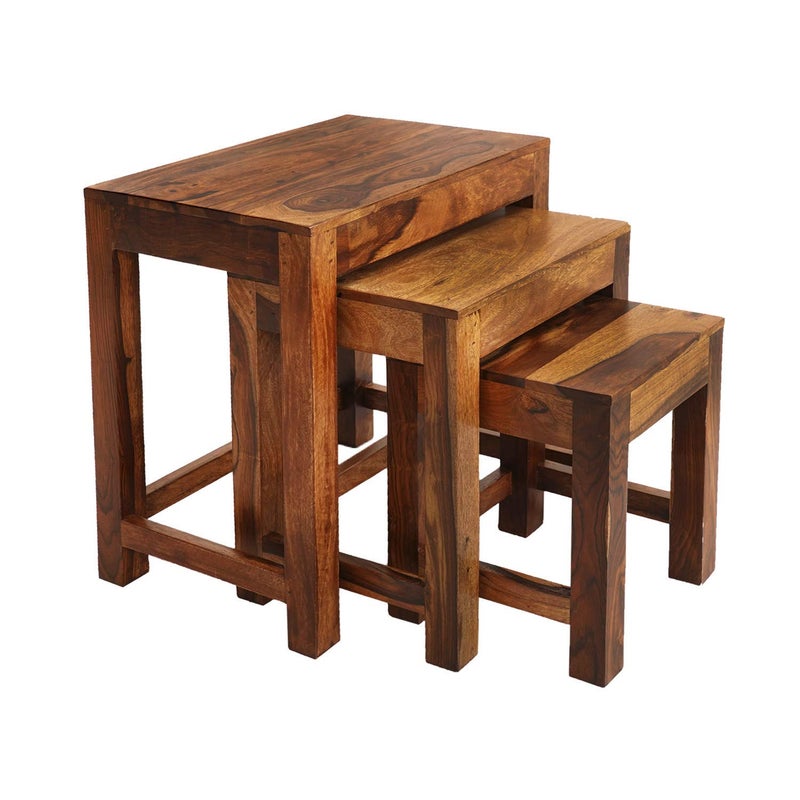 ANUBHAV HANDICRAFTS ANUBHAV HANDICRAFTS Sheesham Wood Nesting Table Set of 3 Stools Nested Sofa Side Table Living Room Hall Wooden Nightstand Lamp Table Natural Brown Finish  - Image 1